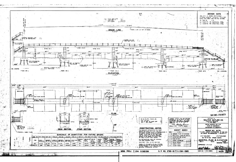 The first page of the enginering plans for bridge #9078.  It has two drawings of the bridge and a lot of text that cannot be read because the image is zoomed out.